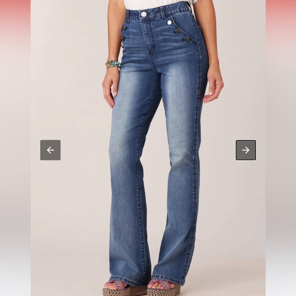 Democracy “Ab-Solution” Skyrise Flare trouser style blue jean dark wash